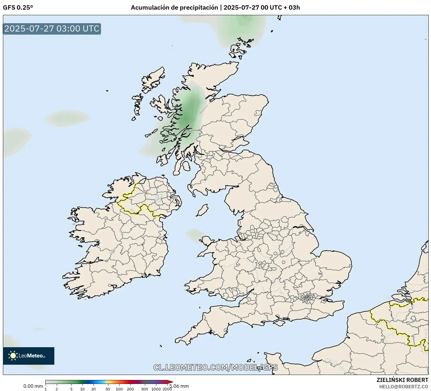 GFS model - Reino Unido, Acumulación de precipitación