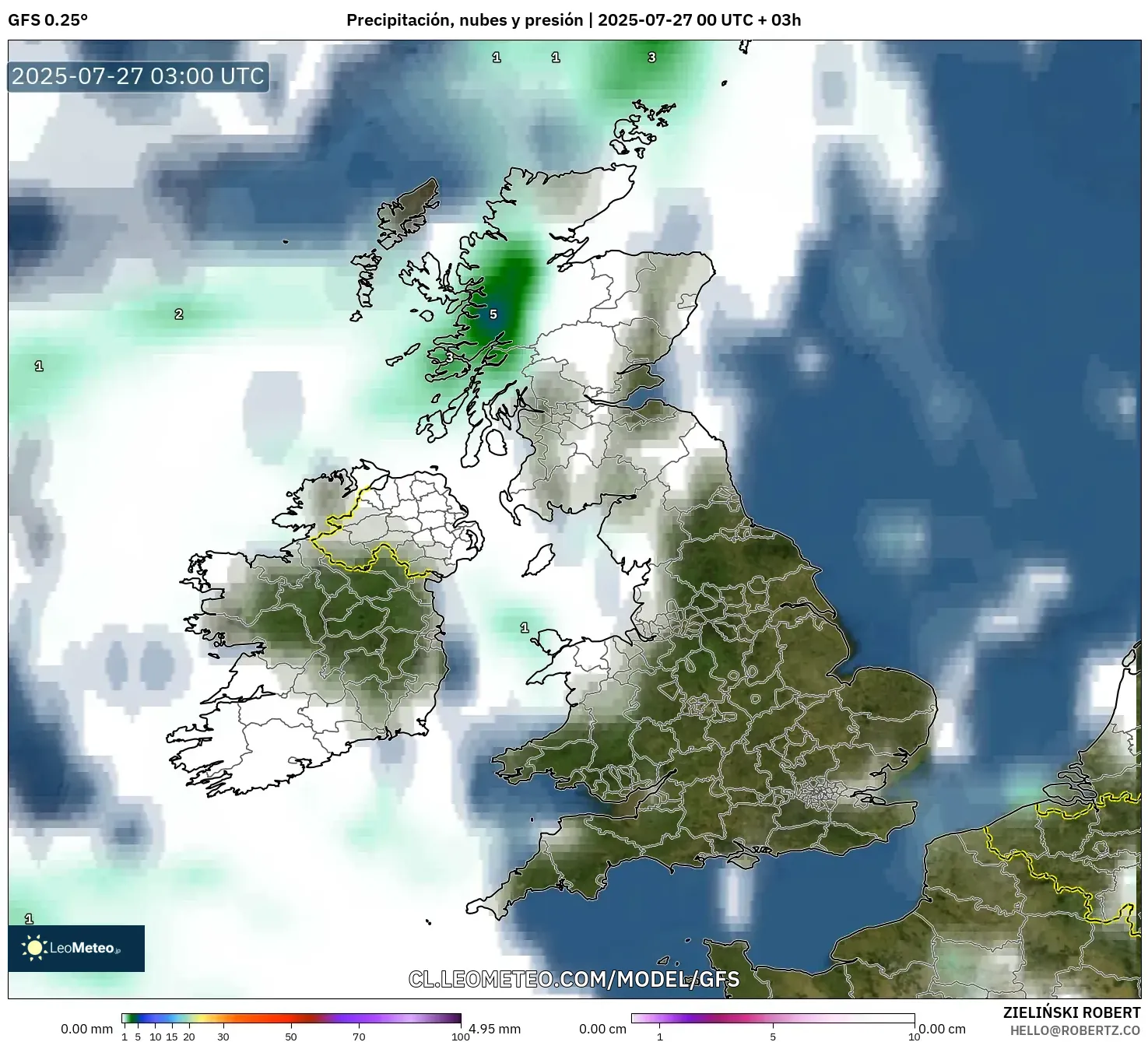 GFS model - Reino Unido, Precipitación, nubes y presión GFS model - Reino Unido, Precipitación, nubes y presión