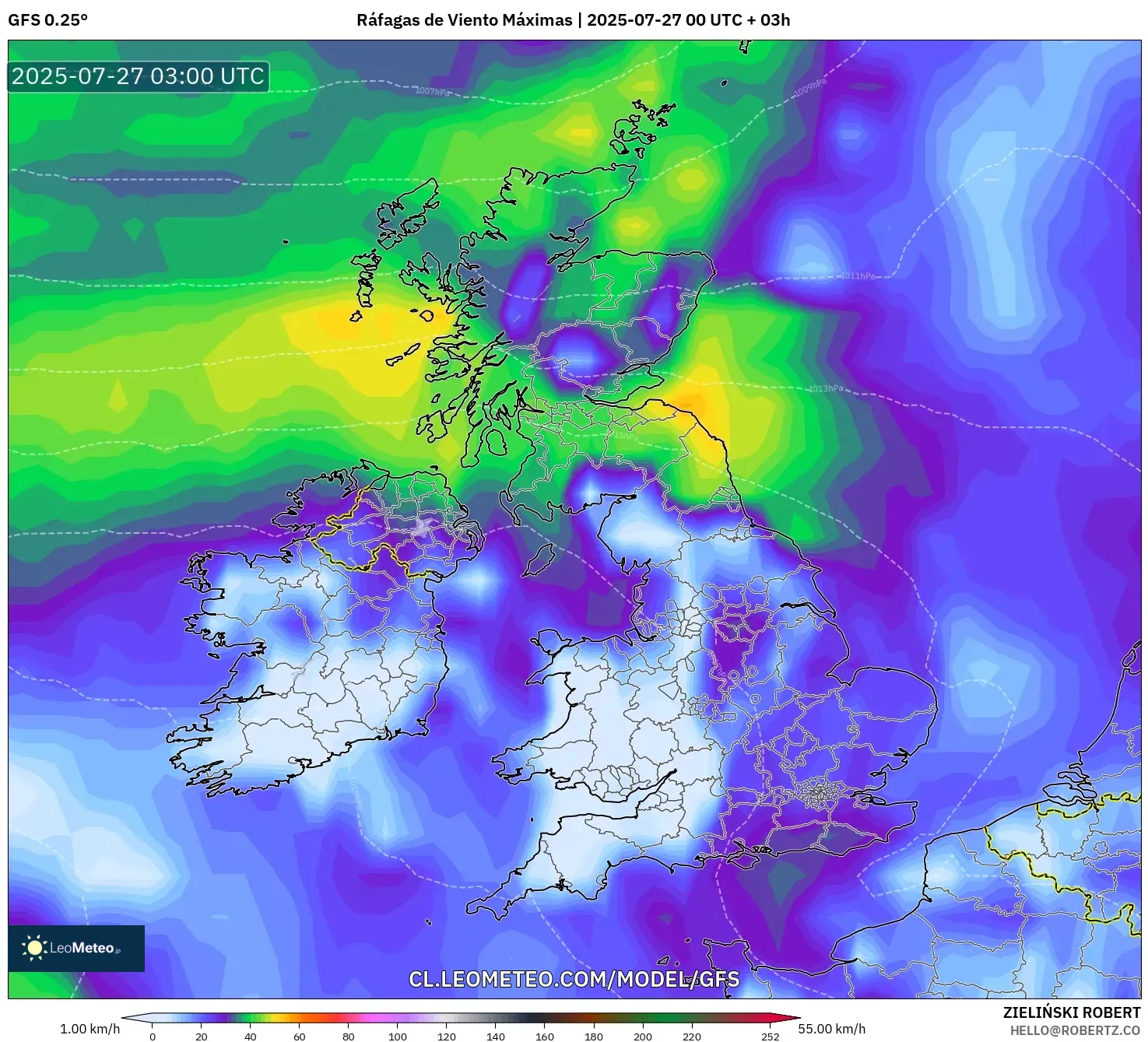 GFS model - Reino Unido, Ráfagas de Viento Máximas GFS model - Reino Unido, Ráfagas de Viento Máximas