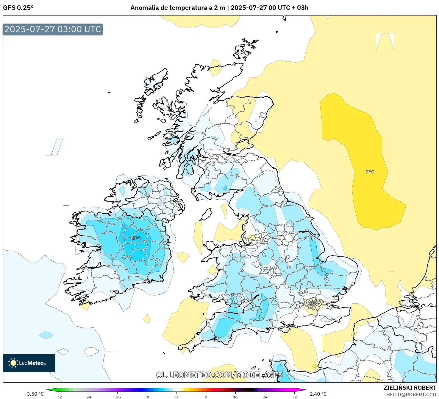 GFS model - Reino Unido, Anomalía de temperatura a 2 m