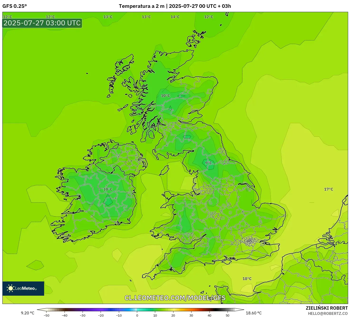 GFS model - Reino Unido, Temperatura a 2 m