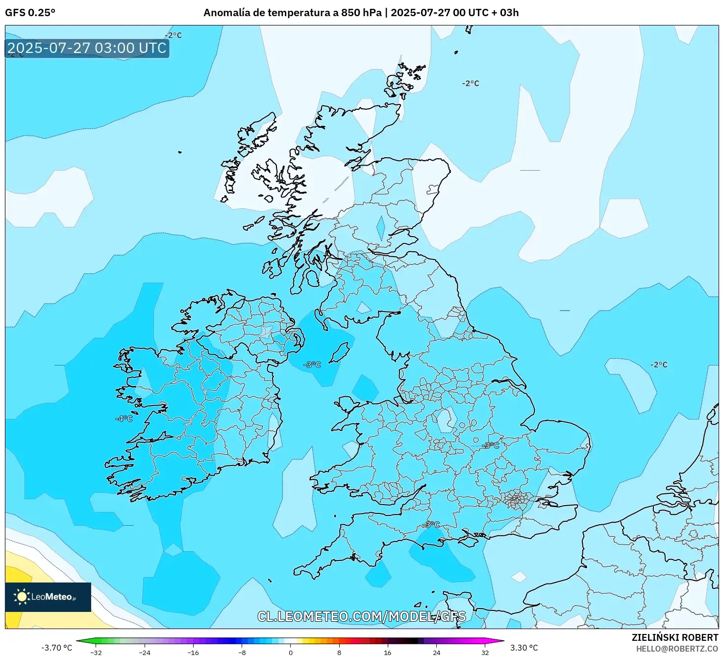 GFS model - Reino Unido, Anomalía de temperatura a 850 hPa GFS model - Reino Unido, Anomalía de temperatura a 850 hPa