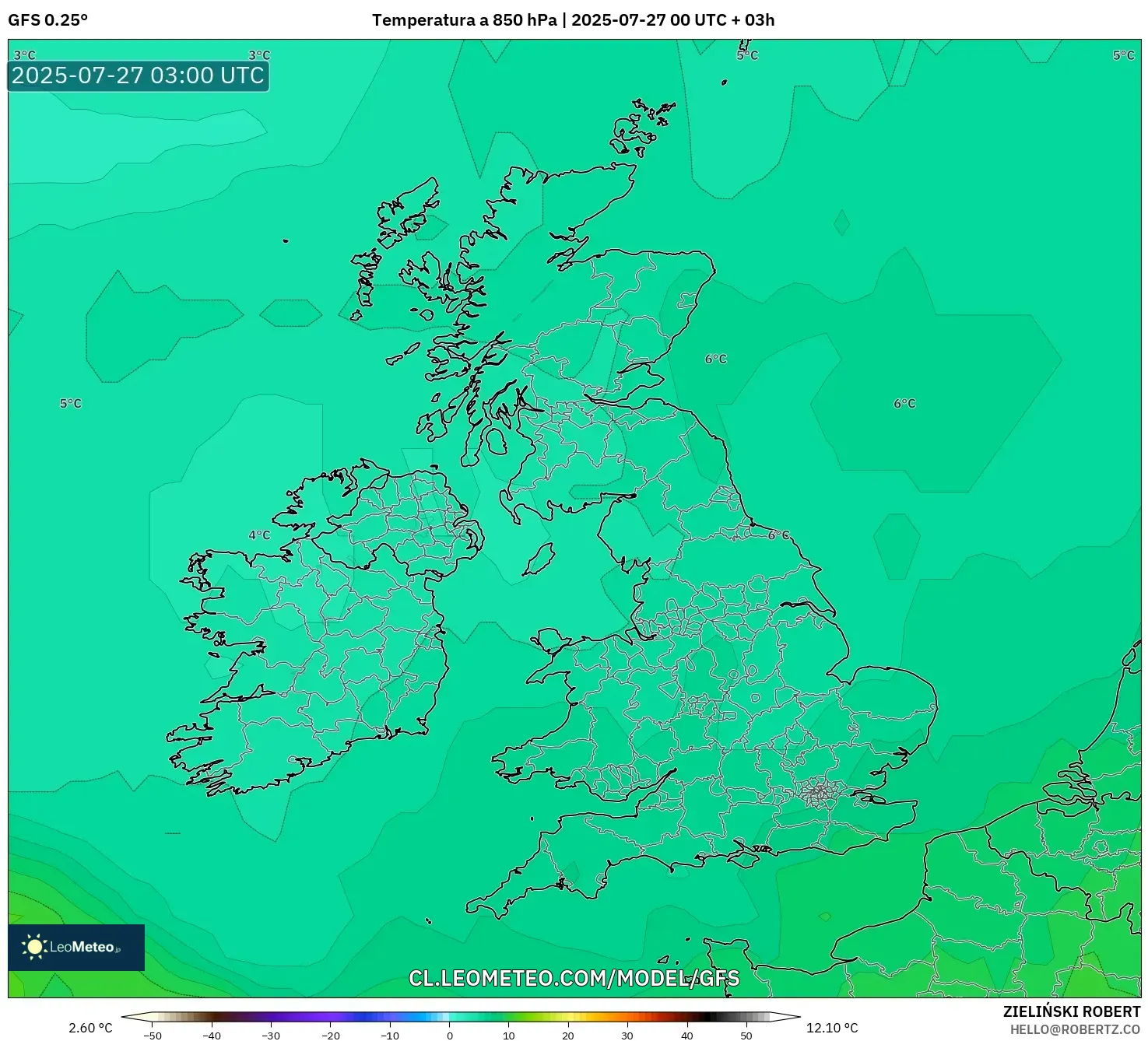 GFS model - Reino Unido, Temperatura a 850 hPa