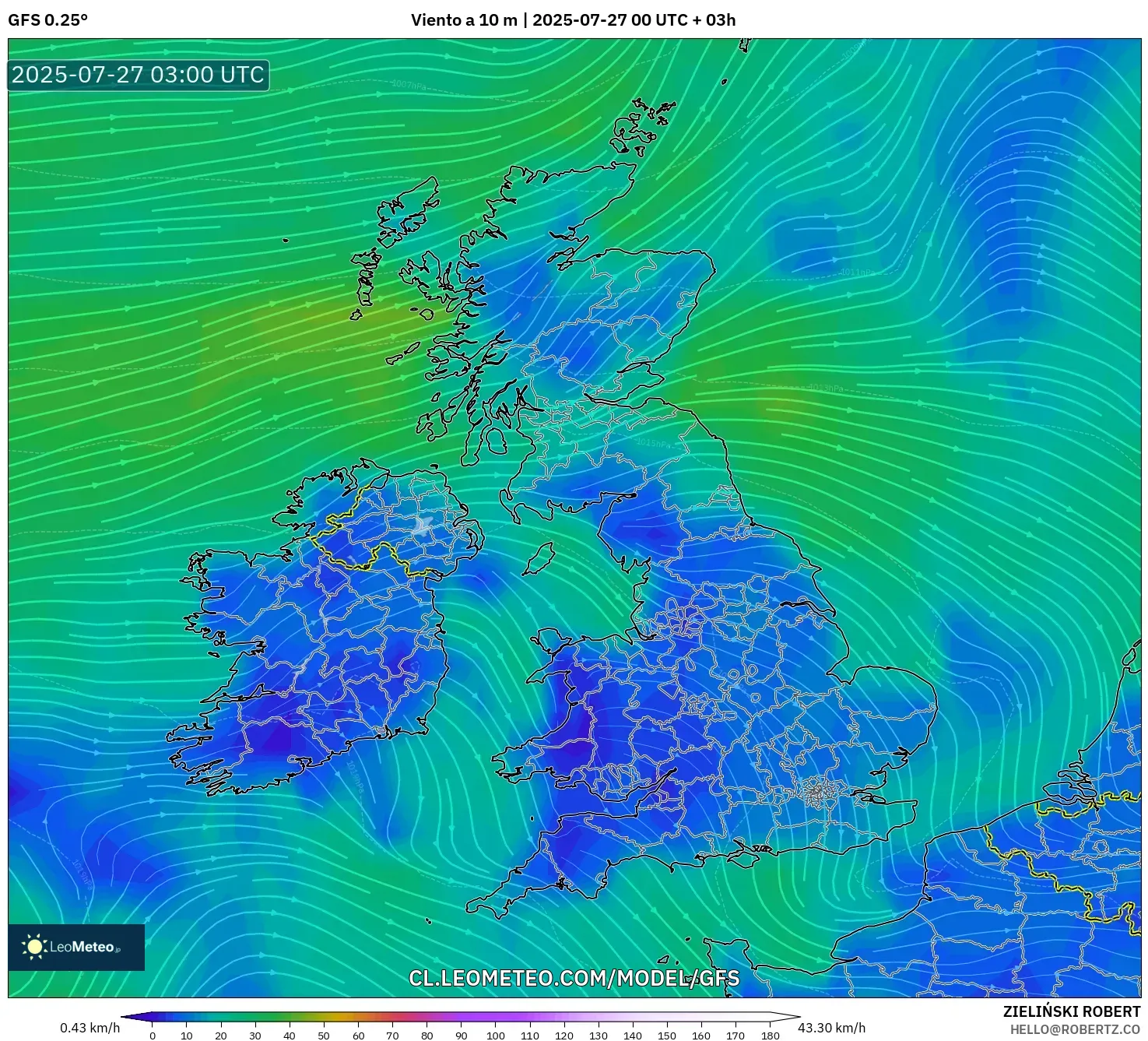 GFS model - Reino Unido, Viento a 10 m GFS model - Reino Unido, Viento a 10 m