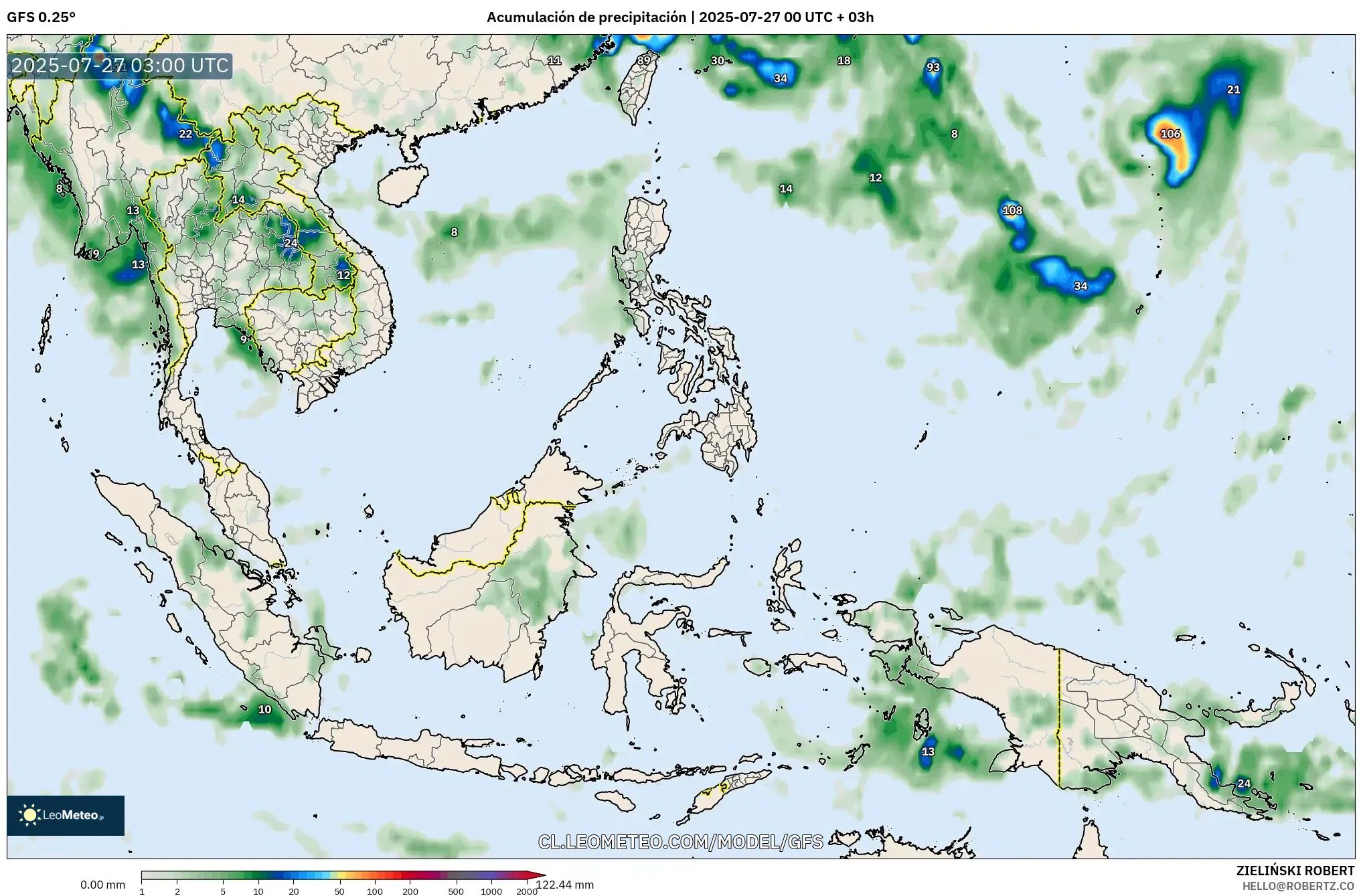 GFS model - Sudeste Asiático, Acumulación de precipitación GFS model - Sudeste Asiático, Acumulación de precipitación