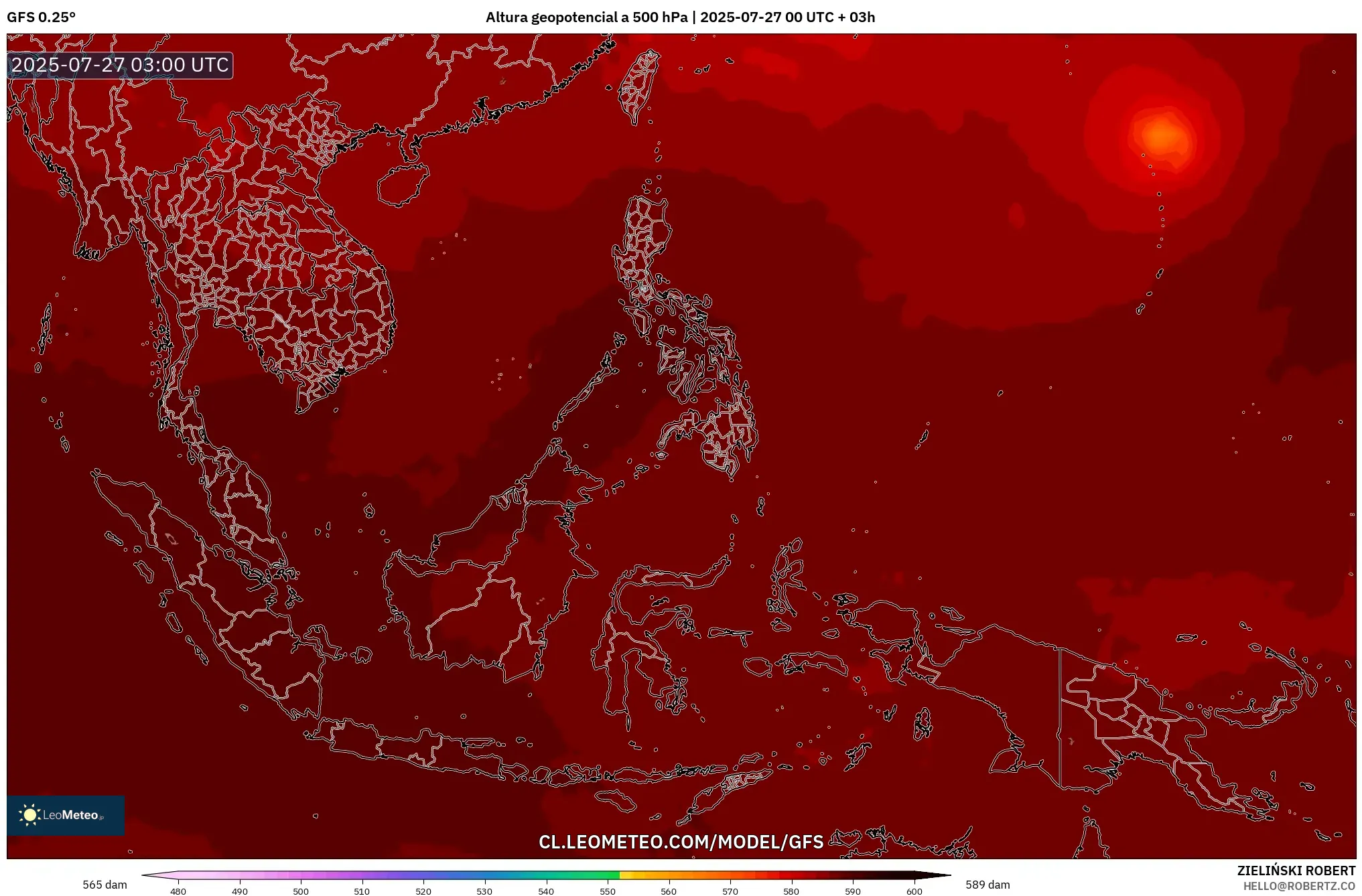 GFS model - Sudeste Asiático, Altura geopotencial a 500 hPa GFS model - Sudeste Asiático, Altura geopotencial a 500 hPa