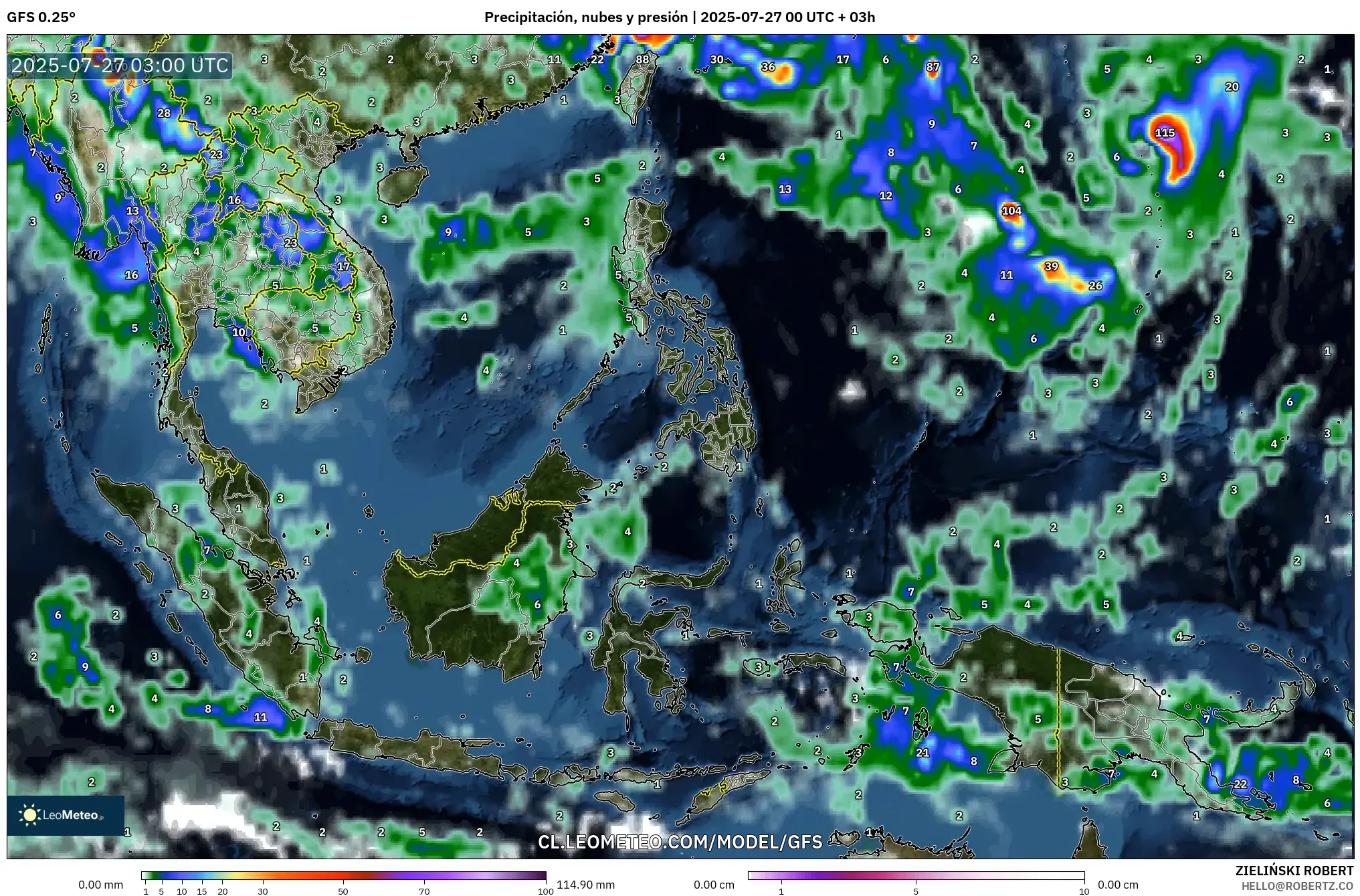 GFS model - Sudeste Asiático, Precipitación, nubes y presión