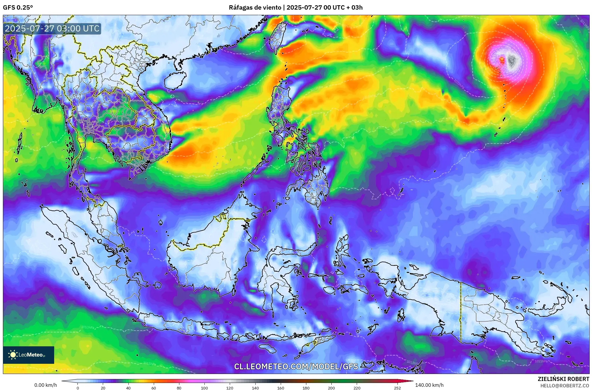 GFS model - Sudeste Asiático, Ráfagas de viento