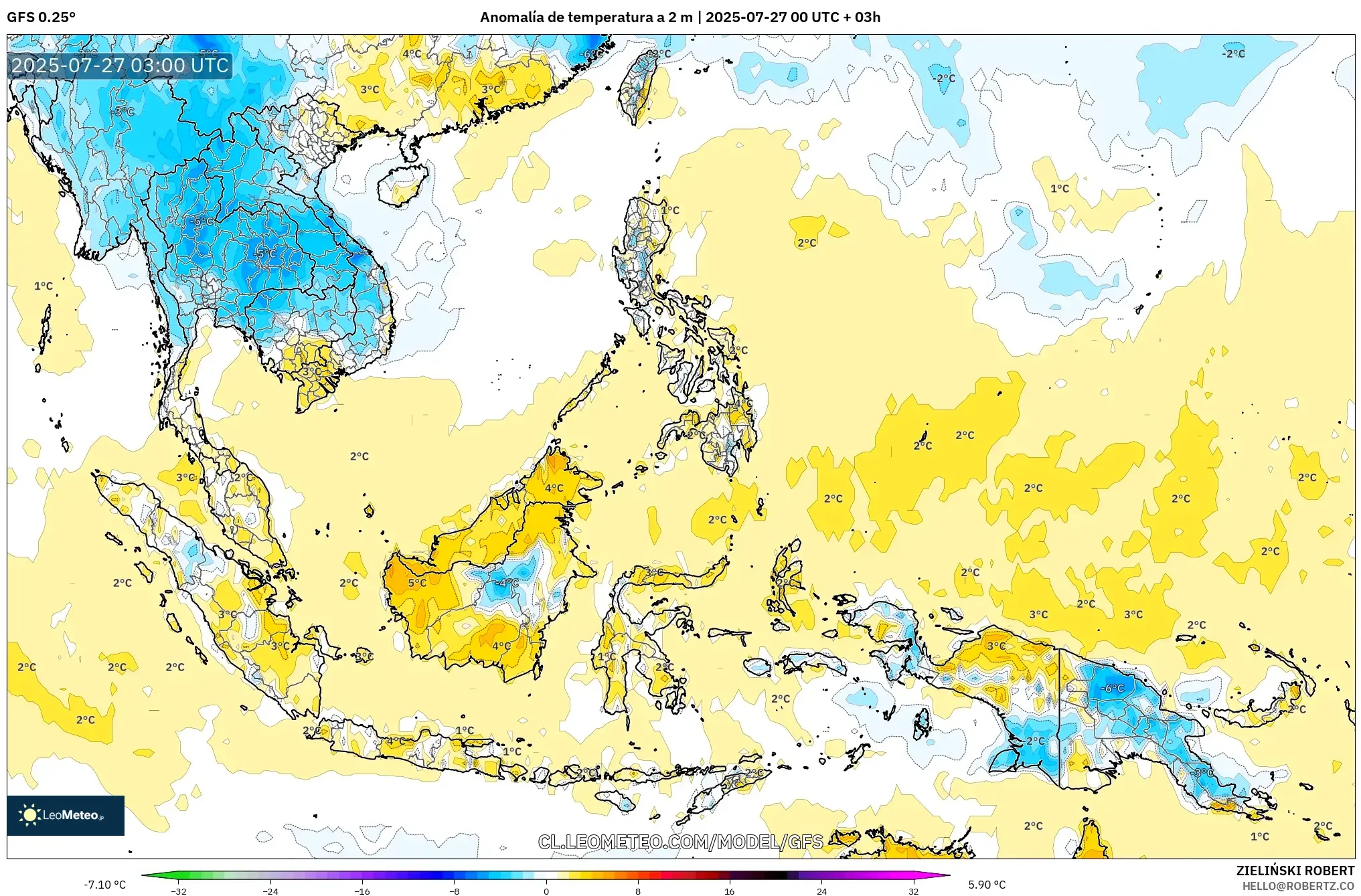 GFS model - Sudeste Asiático, Anomalía de temperatura a 2 m GFS model - Sudeste Asiático, Anomalía de temperatura a 2 m
