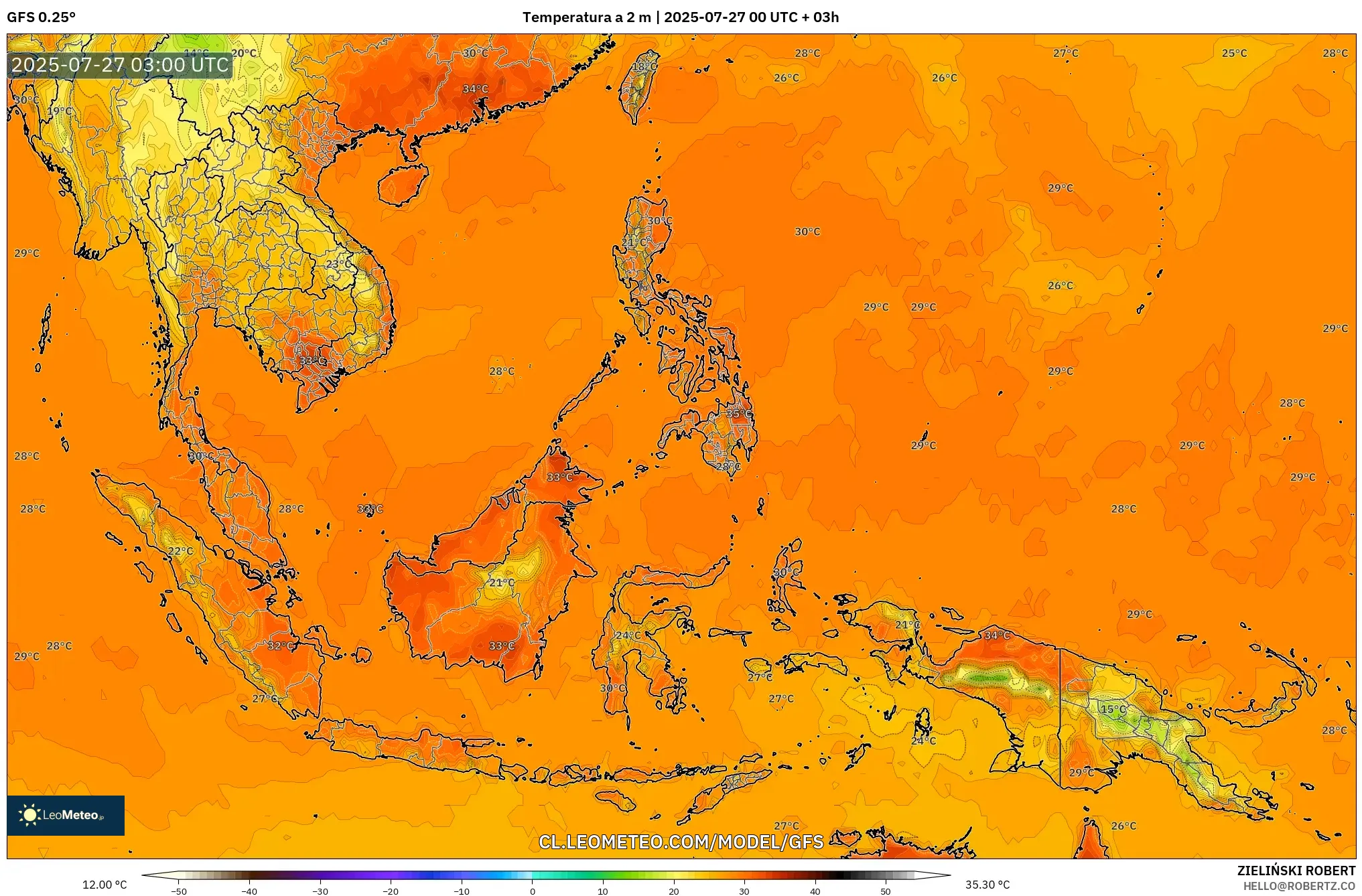 GFS model - Sudeste Asiático, Temperatura a 2 m