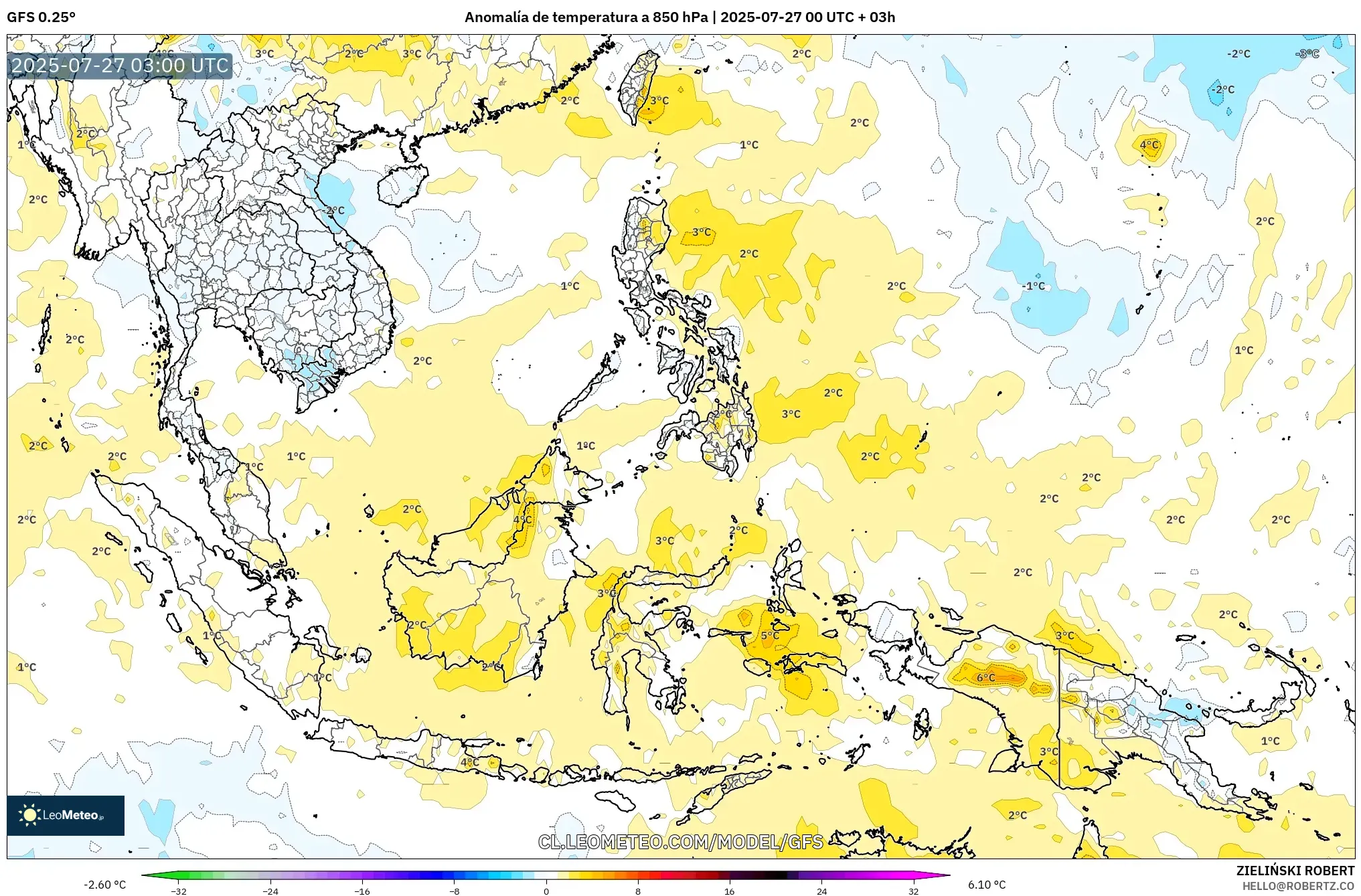 GFS model - Sudeste Asiático, Anomalía de temperatura a 850 hPa GFS model - Sudeste Asiático, Anomalía de temperatura a 850 hPa