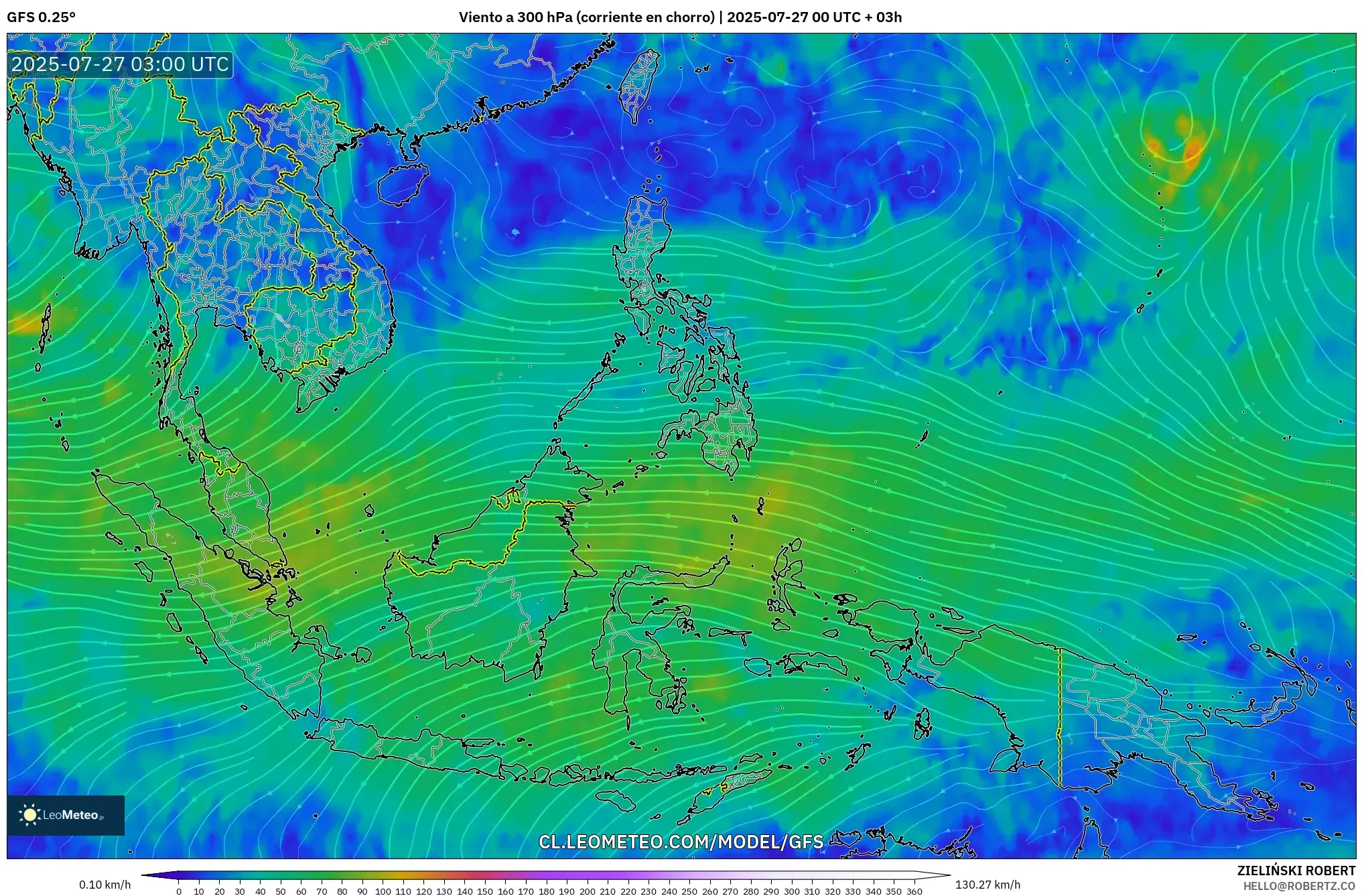GFS model - Sudeste Asiático, Viento a 300 hPa (corriente en chorro)