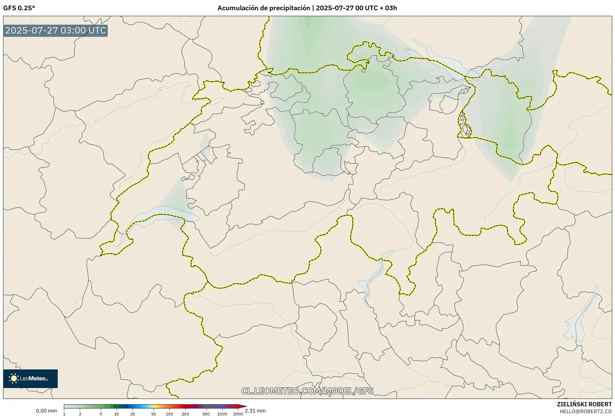 GFS model - Suiza, Acumulación de precipitación GFS model - Suiza, Acumulación de precipitación