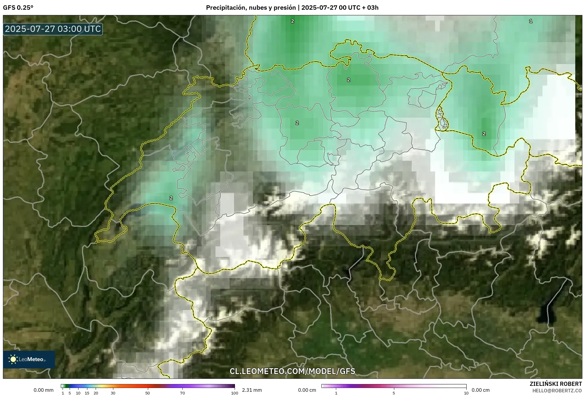 GFS model - Suiza, Precipitación, nubes y presión GFS model - Suiza, Precipitación, nubes y presión