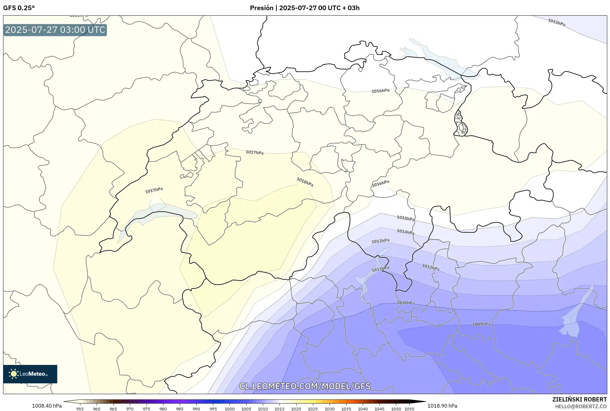 GFS model - Suiza, Presión GFS model - Suiza, Presión