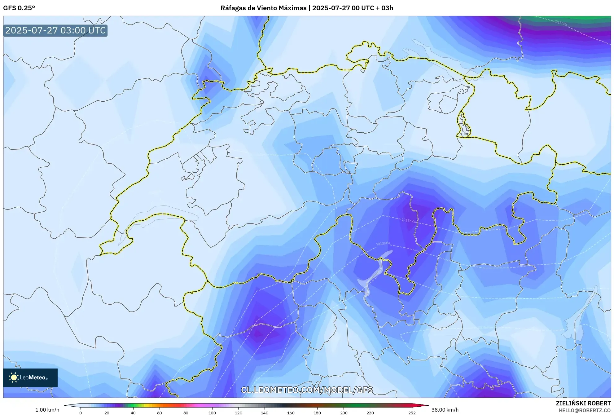 GFS model - Suiza, Ráfagas de Viento Máximas GFS model - Suiza, Ráfagas de Viento Máximas