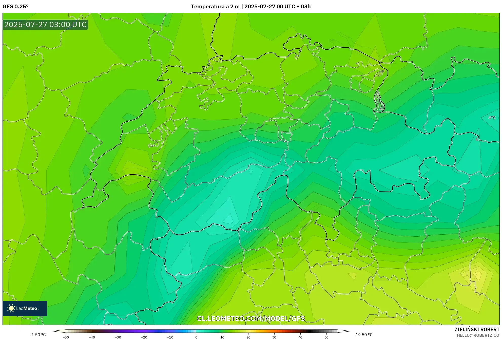 GFS model - Suiza, Temperatura a 2 m GFS model - Suiza, Temperatura a 2 m