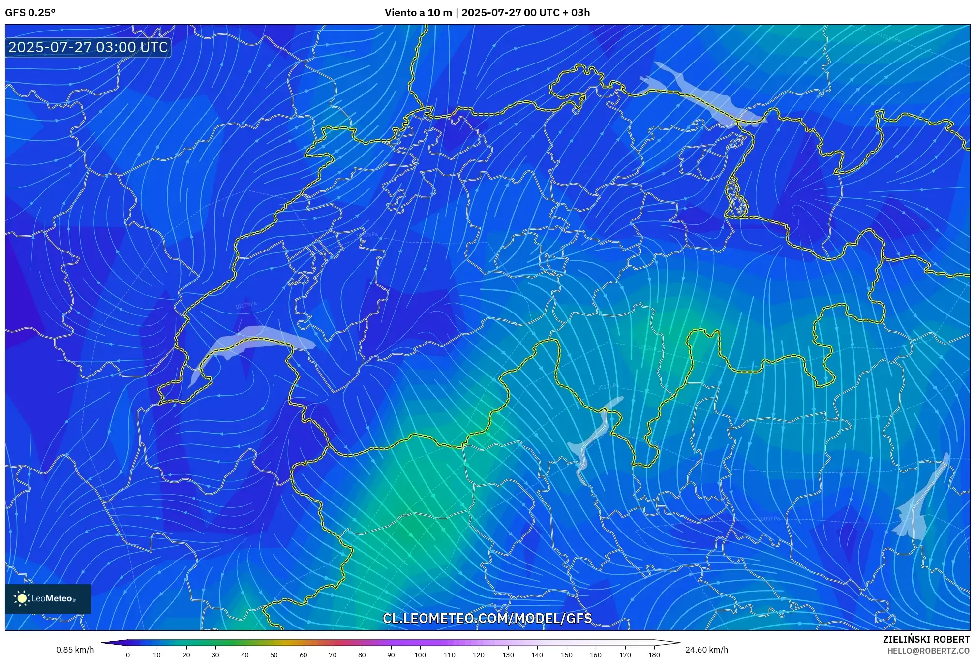 GFS model - Suiza, Viento a 10 m GFS model - Suiza, Viento a 10 m