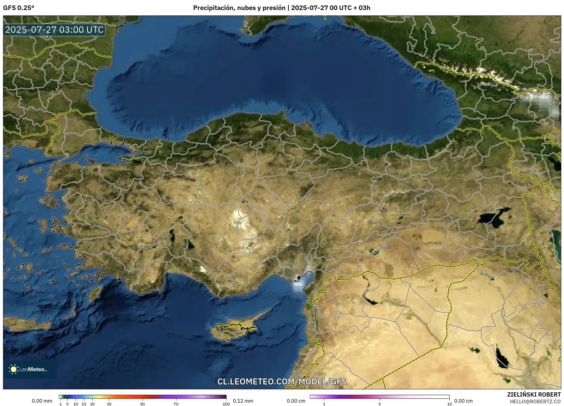 GFS model - Turquía, Precipitación, nubes y presión GFS model - Turquía, Precipitación, nubes y presión