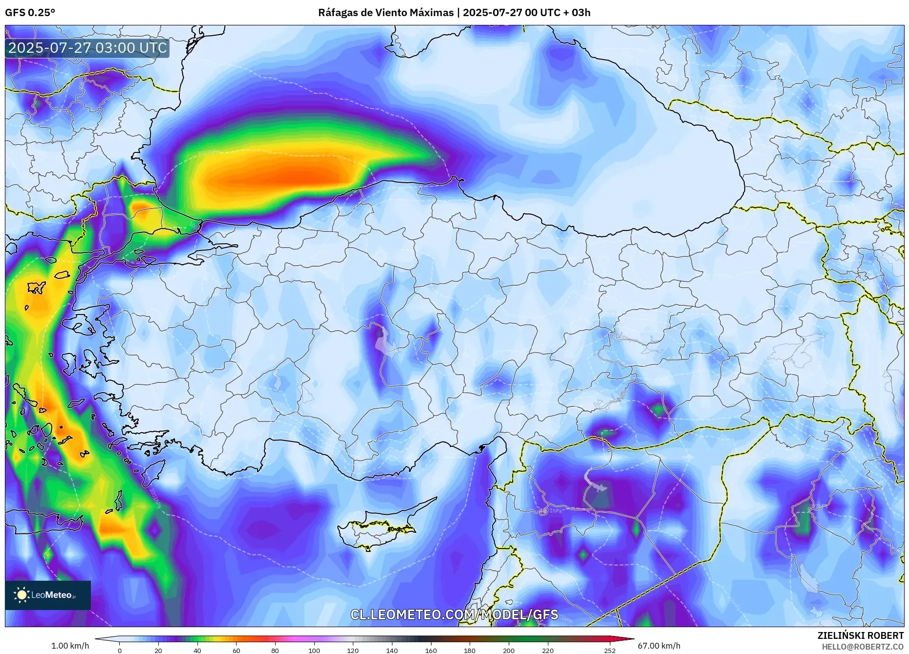 GFS model - Turquía, Ráfagas de Viento Máximas