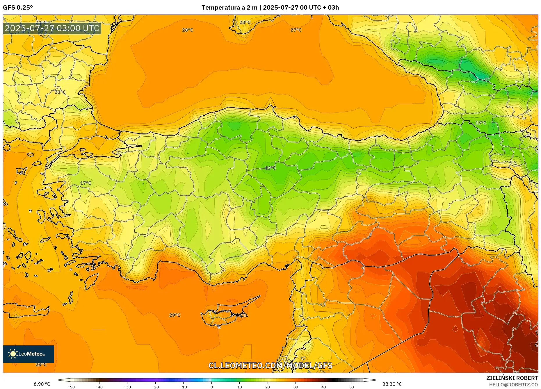 GFS model - Turquía, Temperatura a 2 m GFS model - Turquía, Temperatura a 2 m