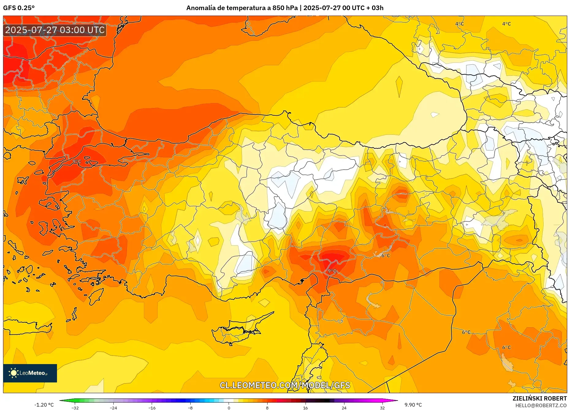 GFS model - Turquía, Anomalía de temperatura a 850 hPa GFS model - Turquía, Anomalía de temperatura a 850 hPa