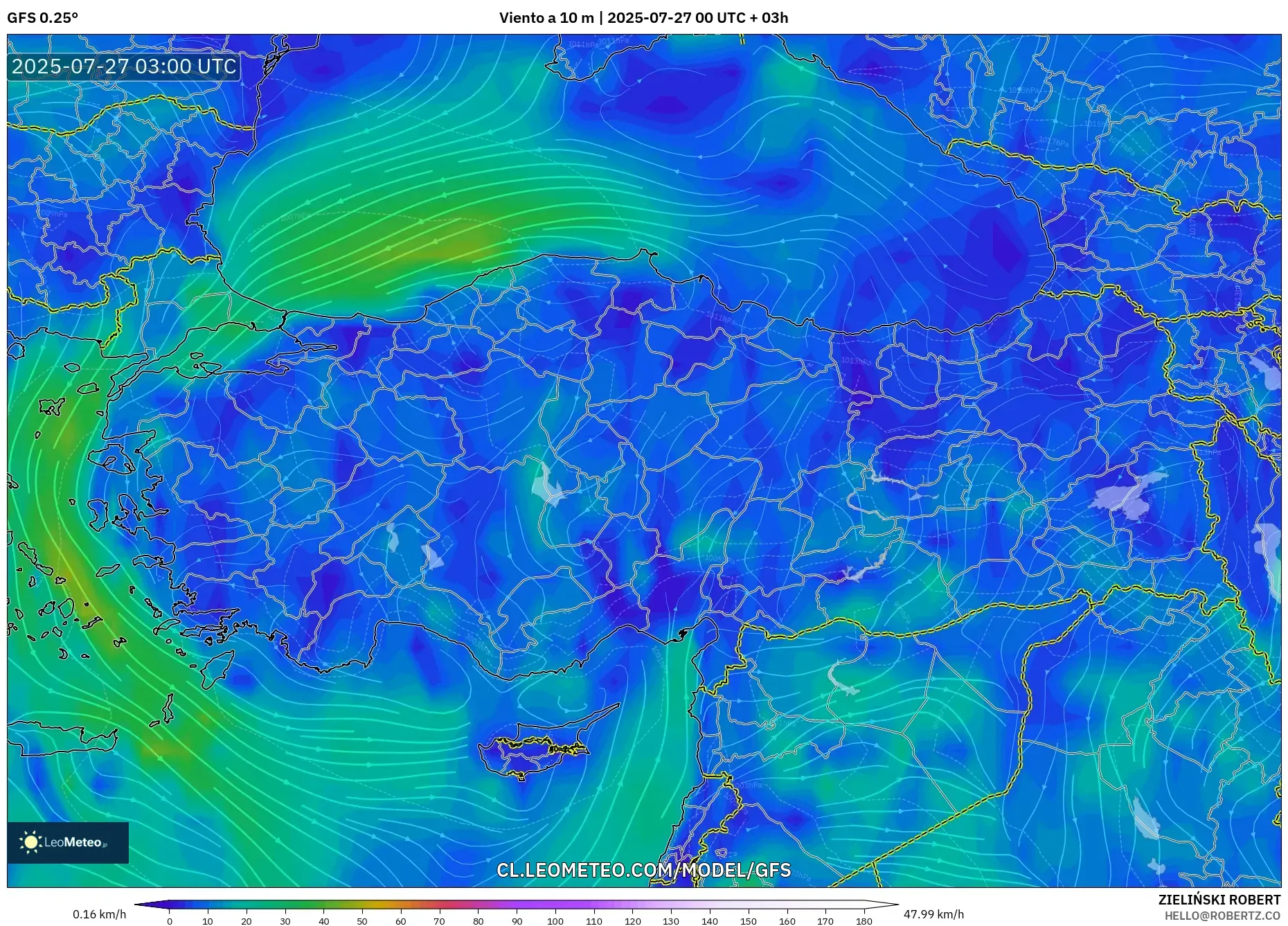 GFS model - Turquía, Viento a 10 m GFS model - Turquía, Viento a 10 m