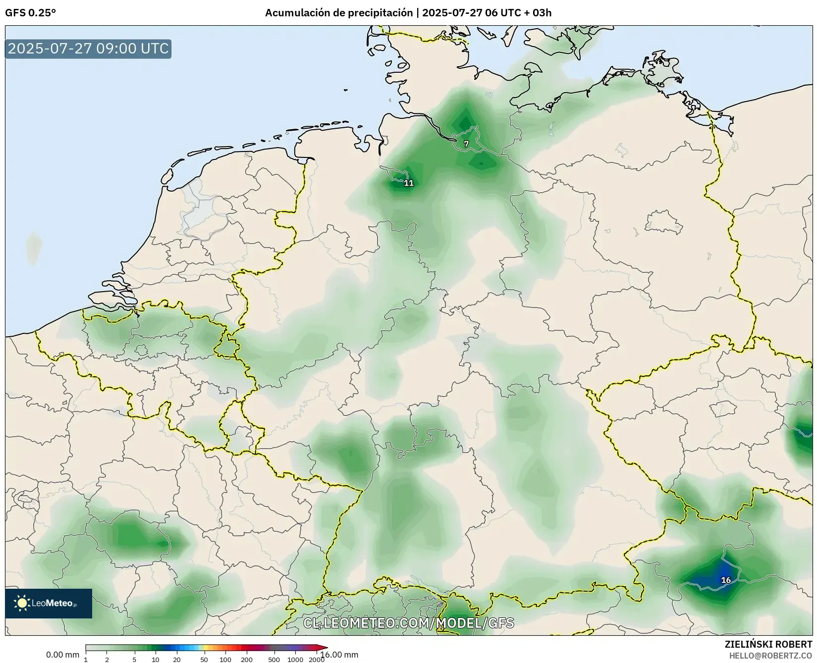 GFS model - Alemania, Acumulación de precipitación GFS model - Alemania, Acumulación de precipitación