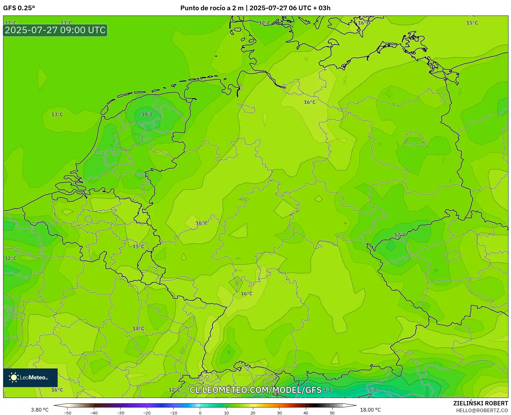 GFS model - Alemania, Punto de rocío a 2 m GFS model - Alemania, Punto de rocío a 2 m