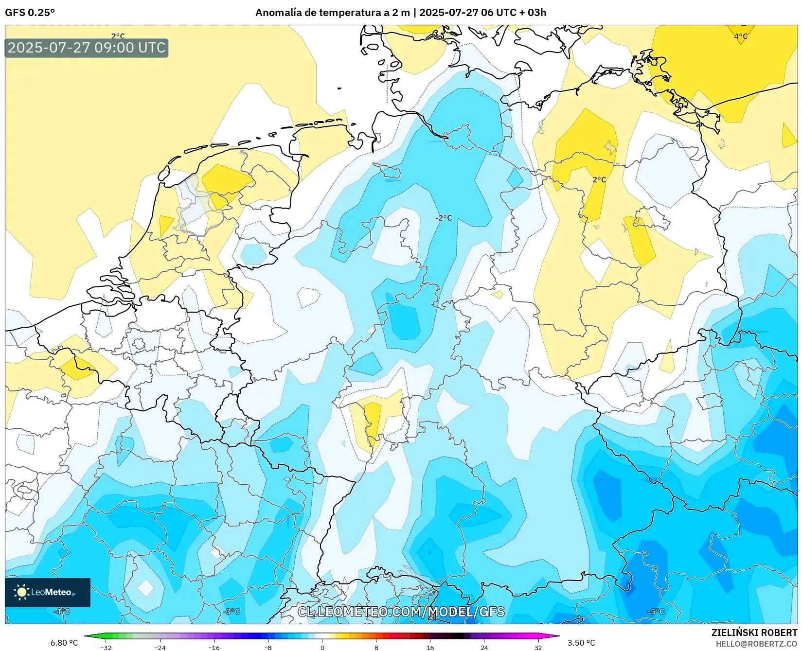 GFS model - Alemania, Anomalía de temperatura a 2 m GFS model - Alemania, Anomalía de temperatura a 2 m