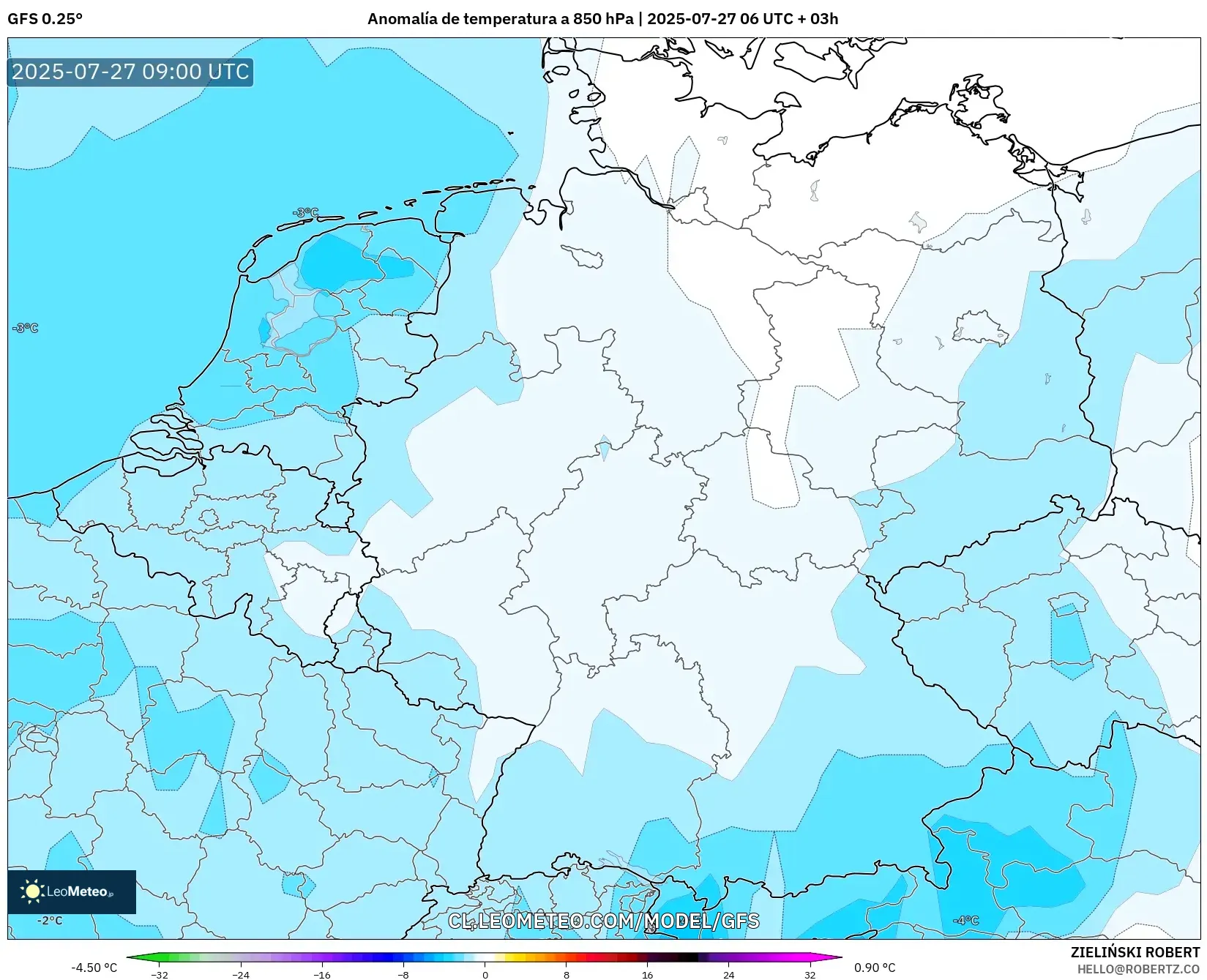 GFS model - Alemania, Anomalía de temperatura a 850 hPa GFS model - Alemania, Anomalía de temperatura a 850 hPa