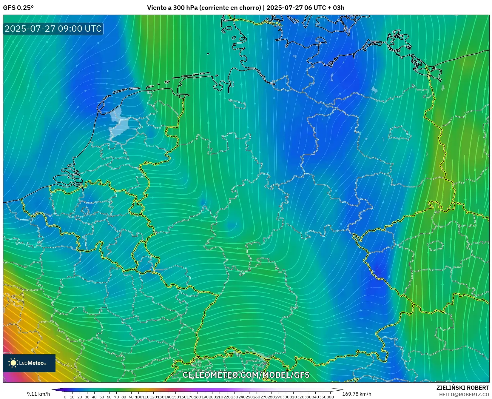 GFS model - Alemania, Viento a 300 hPa (corriente en chorro) GFS model - Alemania, Viento a 300 hPa (corriente en chorro)