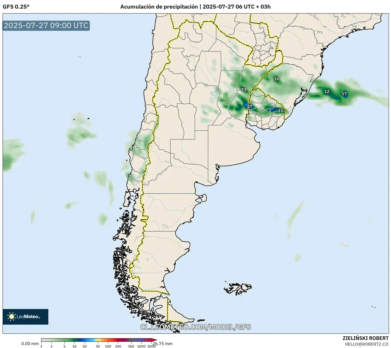 GFS model - Argentina, Acumulación de precipitación GFS model - Argentina, Acumulación de precipitación