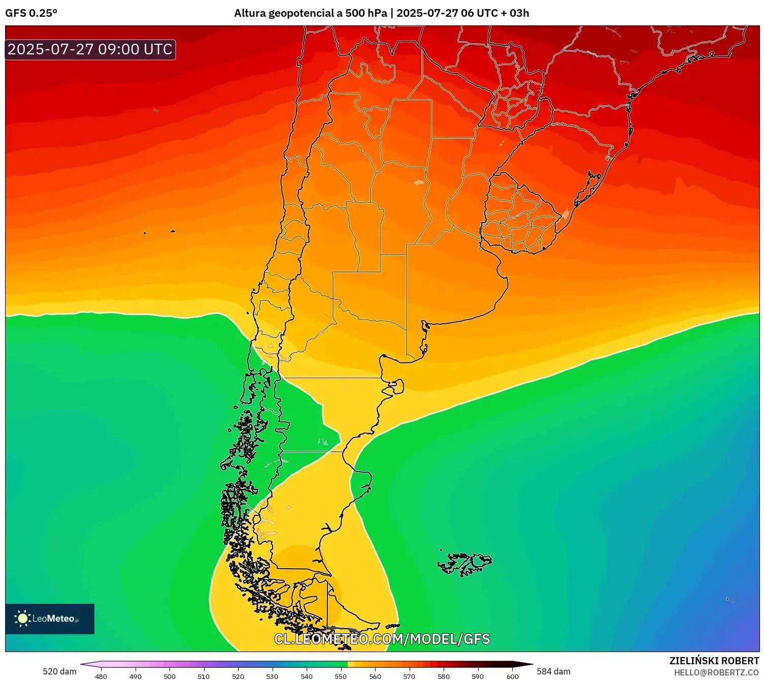 GFS model - Argentina, Altura geopotencial a 500 hPa GFS model - Argentina, Altura geopotencial a 500 hPa