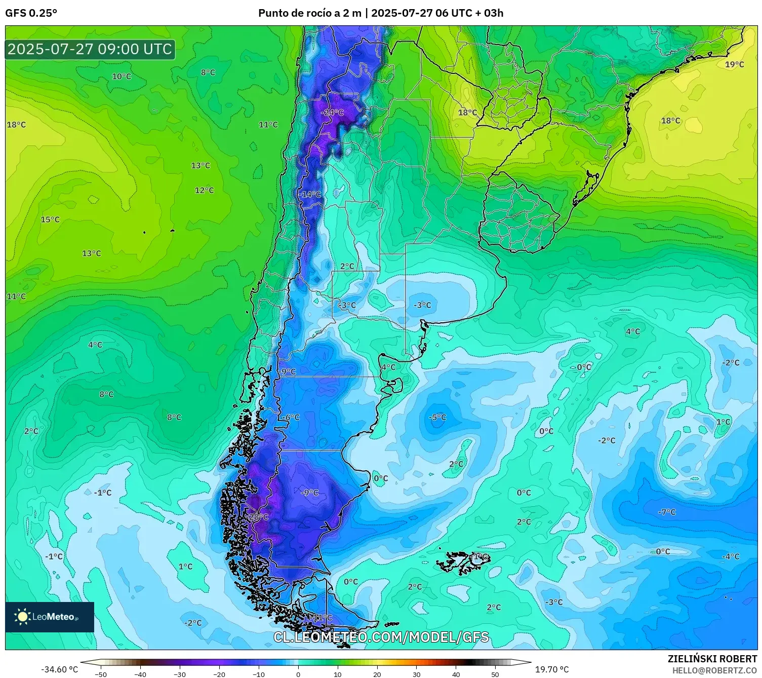 GFS model - Argentina, Punto de rocío a 2 m GFS model - Argentina, Punto de rocío a 2 m