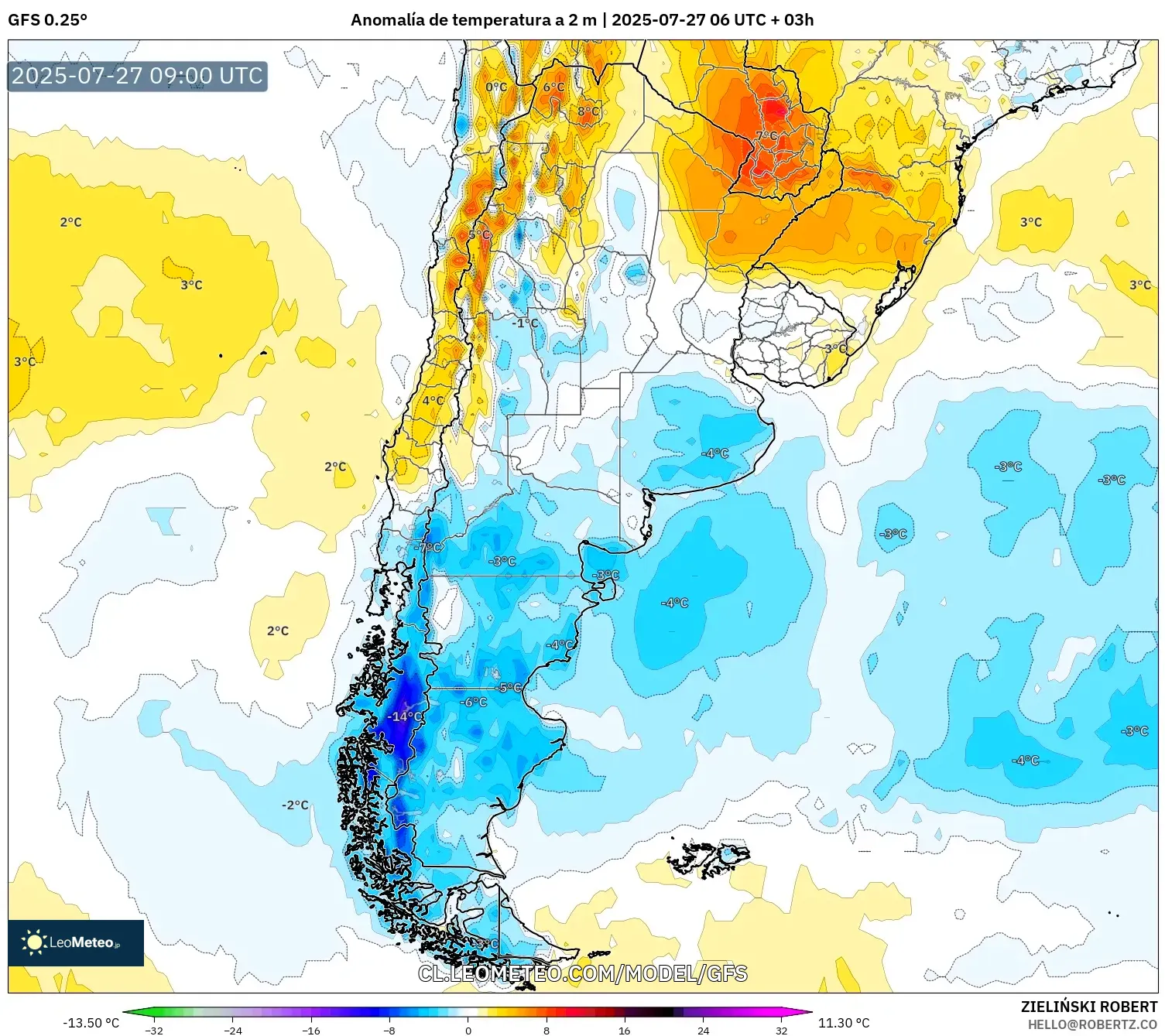 GFS model - Argentina, Anomalía de temperatura a 2 m GFS model - Argentina, Anomalía de temperatura a 2 m