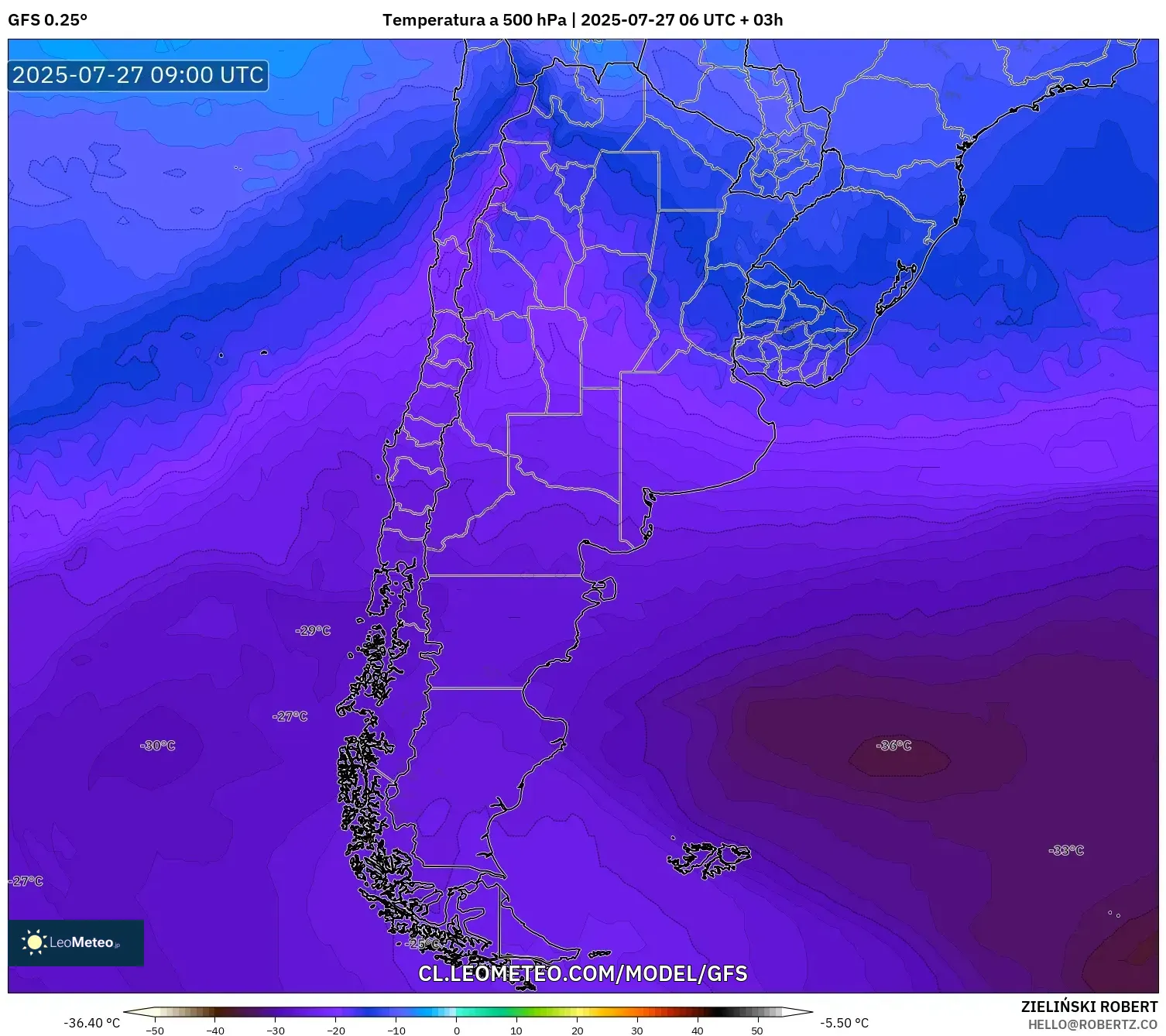 GFS model - Argentina, Temperatura a 500 hPa GFS model - Argentina, Temperatura a 500 hPa