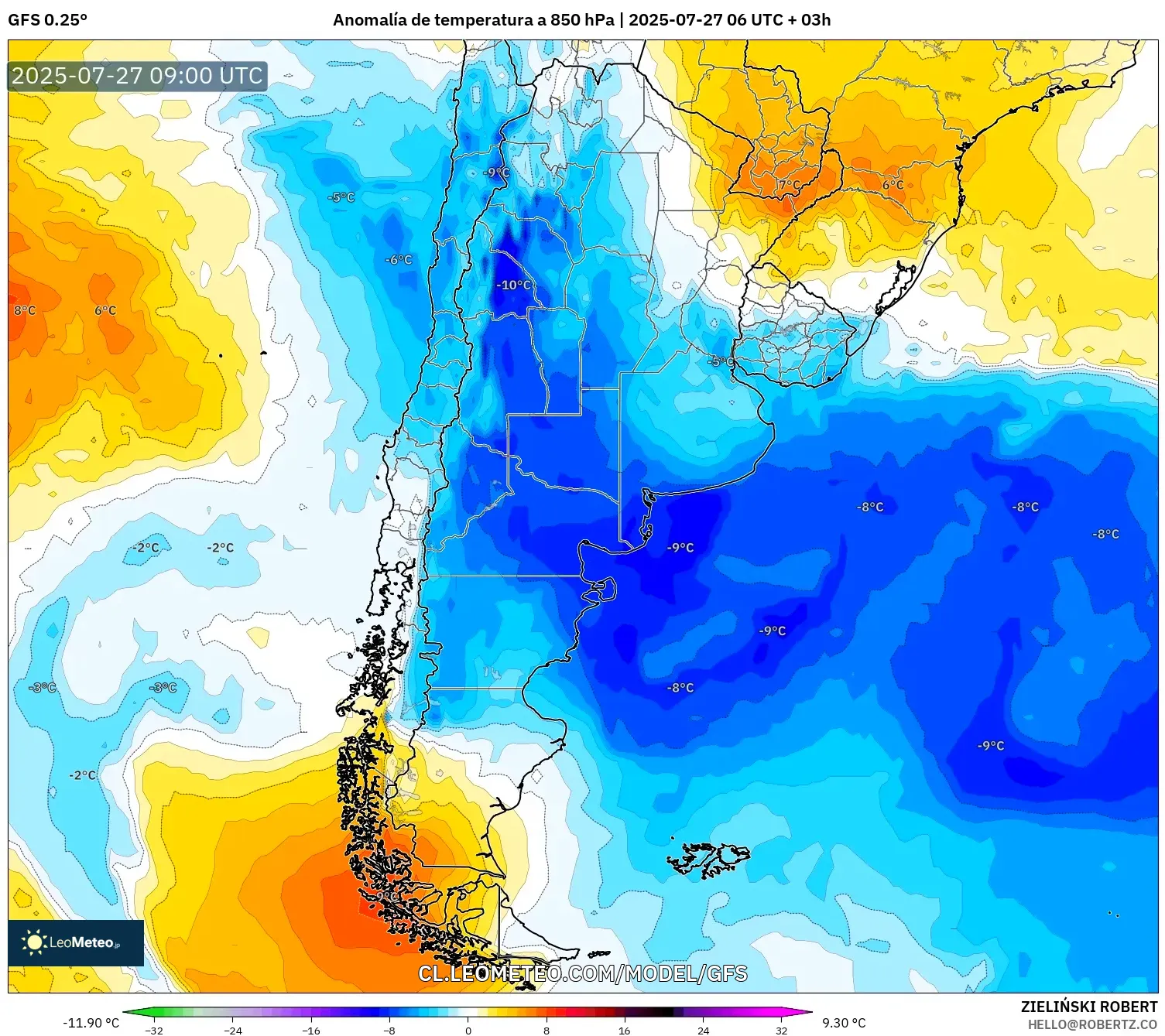 GFS model - Argentina, Anomalía de temperatura a 850 hPa GFS model - Argentina, Anomalía de temperatura a 850 hPa