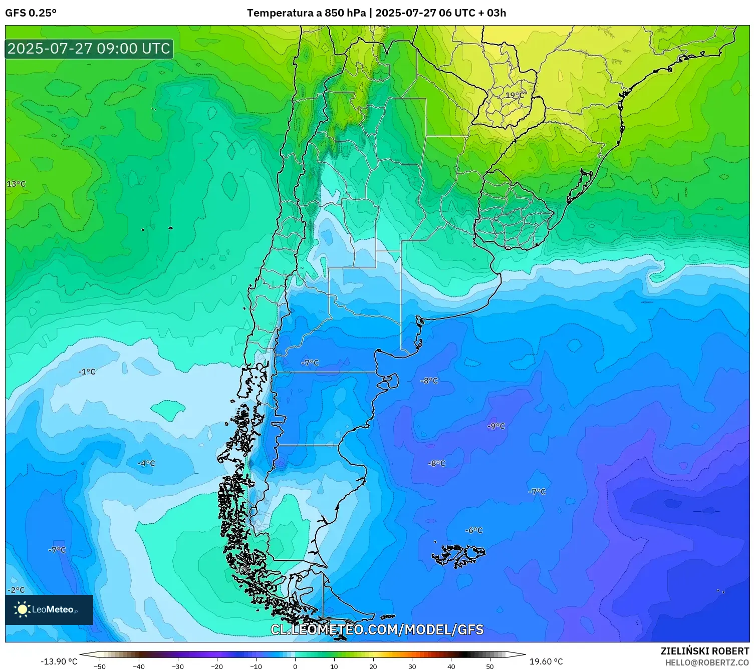 GFS model - Argentina, Temperatura a 850 hPa GFS model - Argentina, Temperatura a 850 hPa