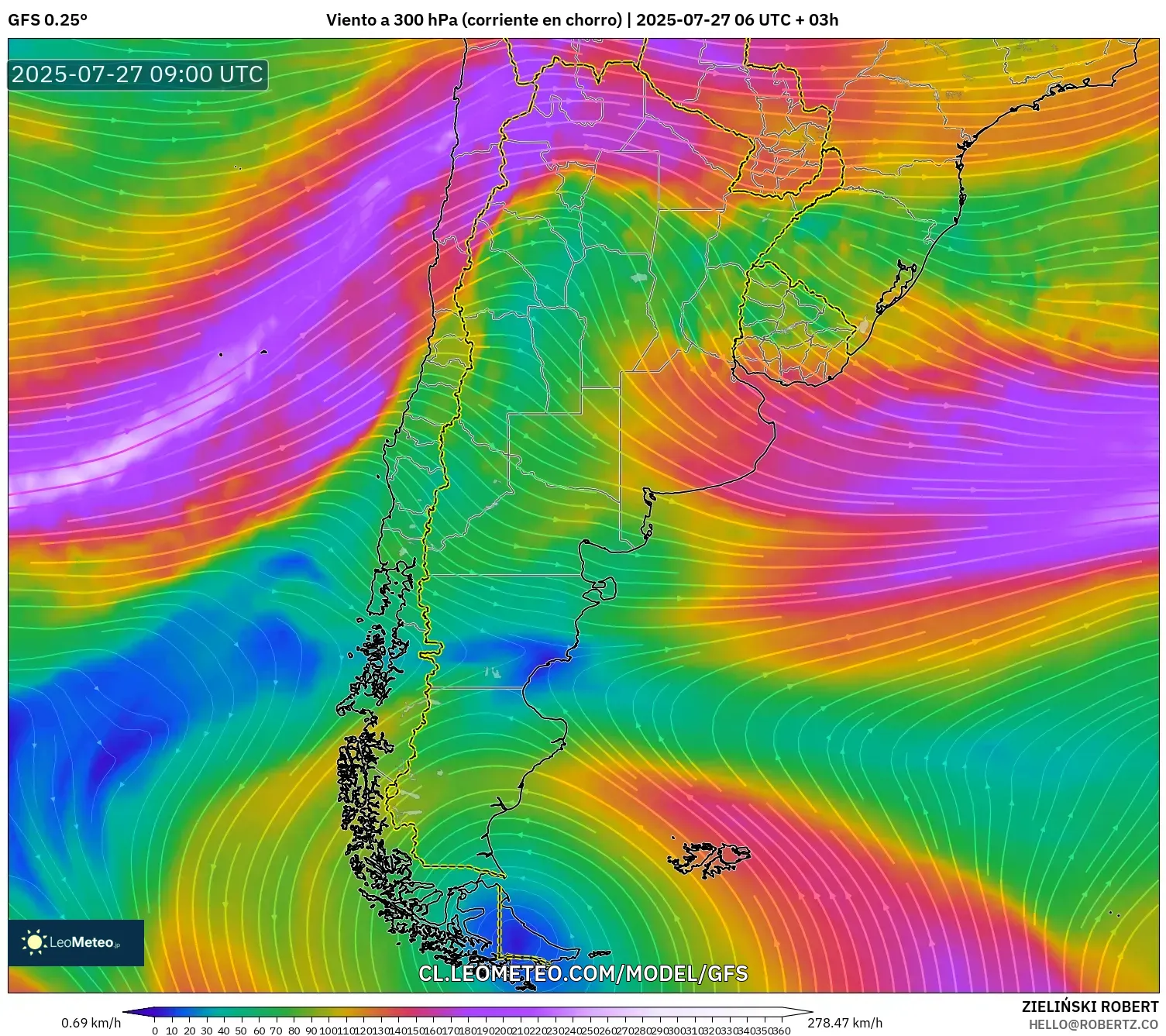 GFS model - Argentina, Viento a 300 hPa (corriente en chorro)
