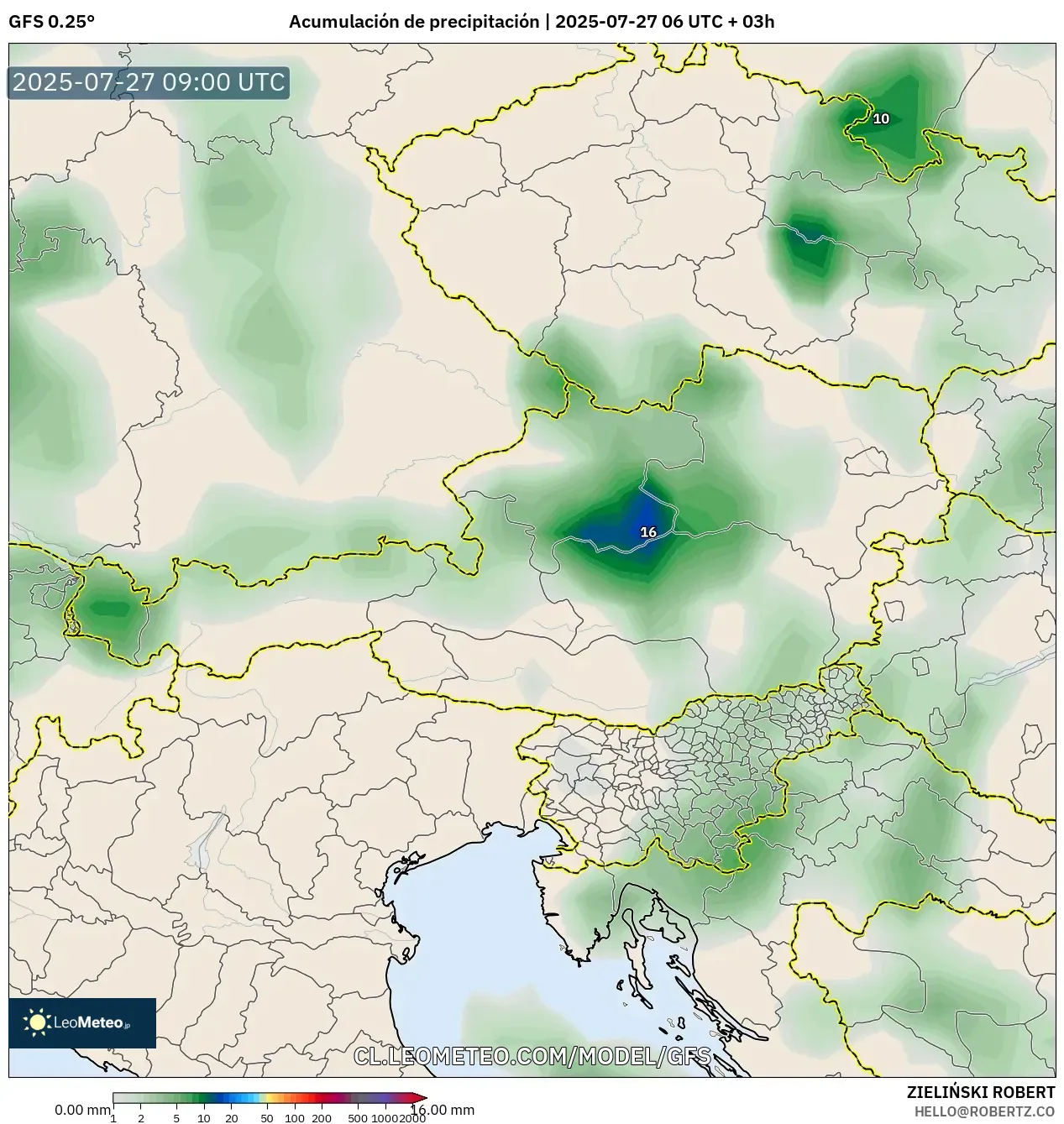 GFS model - Austria, Acumulación de precipitación GFS model - Austria, Acumulación de precipitación