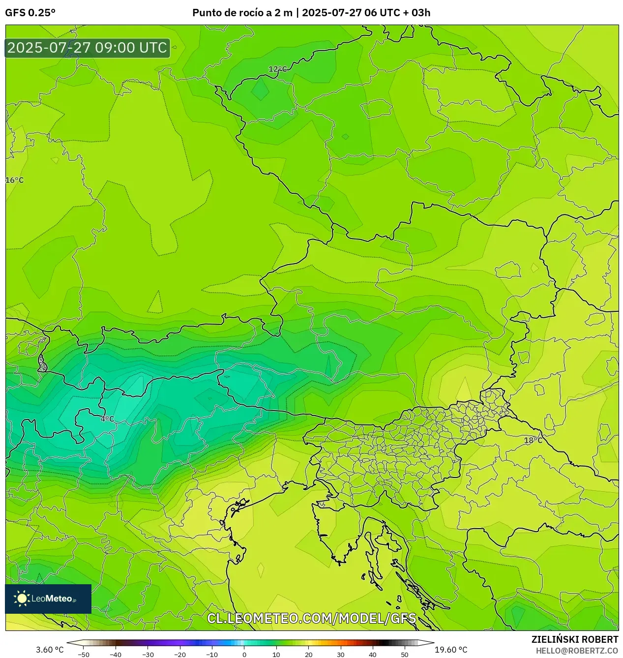 GFS model - Austria, Punto de rocío a 2 m GFS model - Austria, Punto de rocío a 2 m
