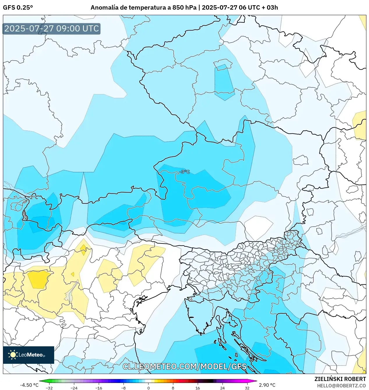 GFS model - Austria, Anomalía de temperatura a 850 hPa GFS model - Austria, Anomalía de temperatura a 850 hPa