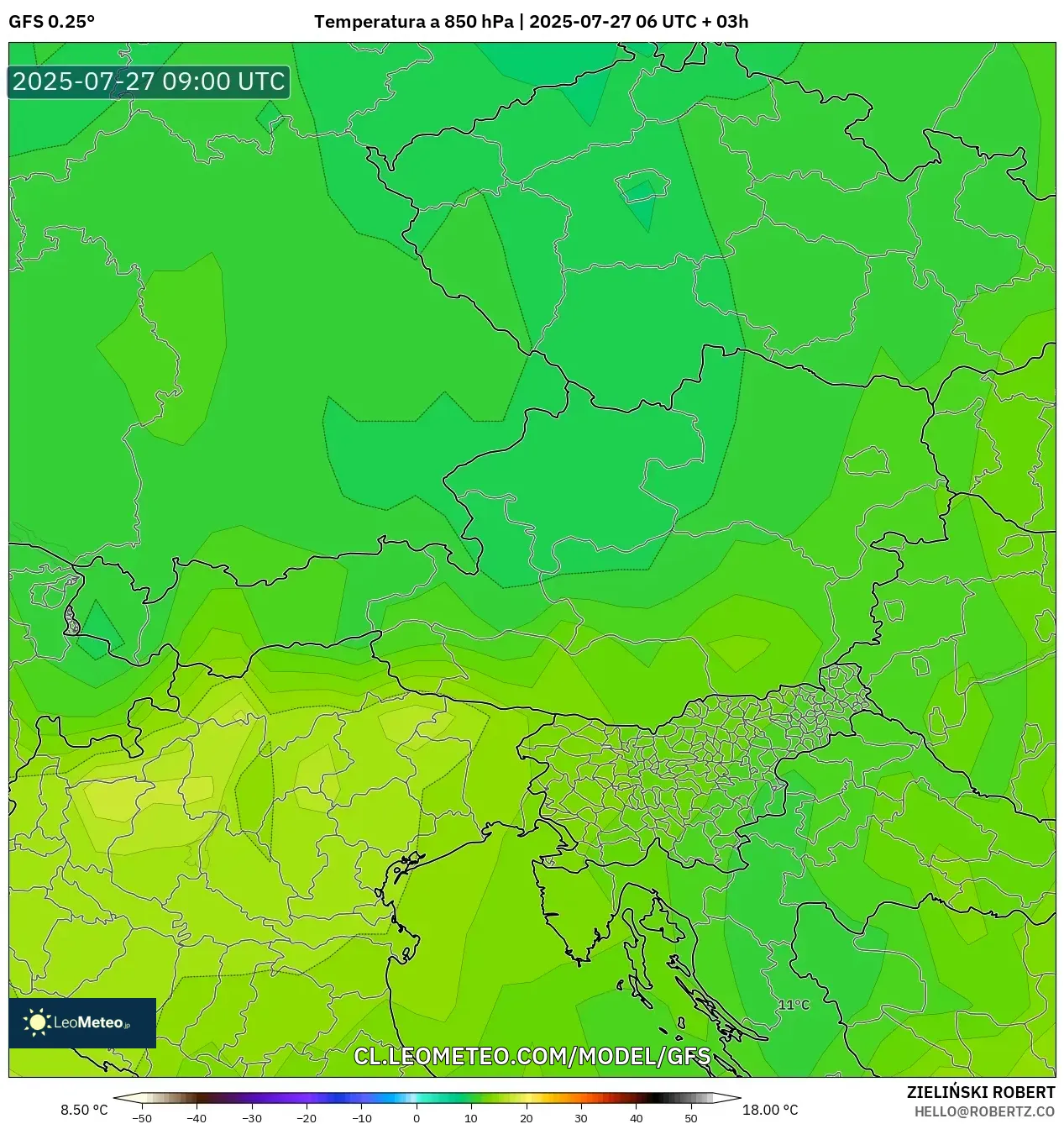 GFS model - Austria, Temperatura a 850 hPa GFS model - Austria, Temperatura a 850 hPa
