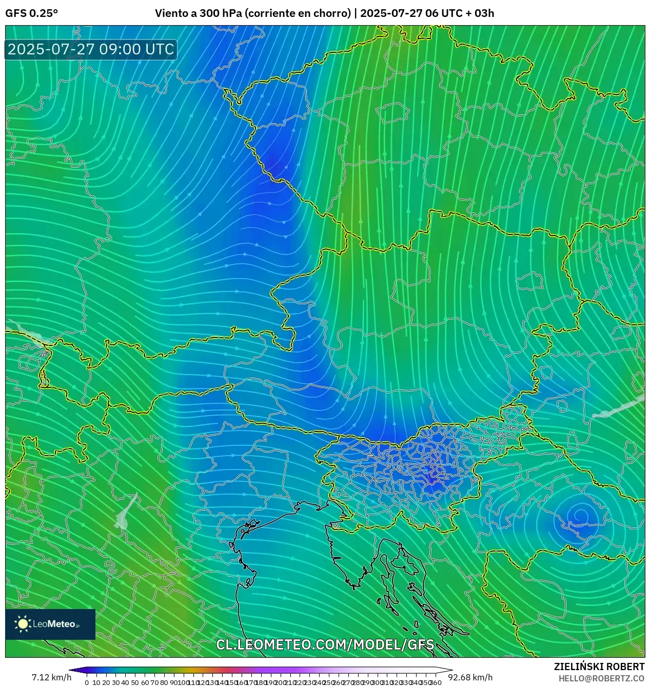 GFS model - Austria, Viento a 300 hPa (corriente en chorro) GFS model - Austria, Viento a 300 hPa (corriente en chorro)