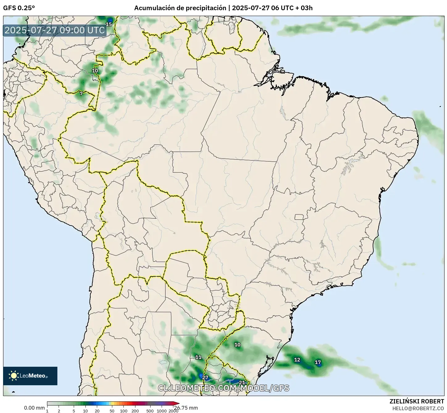 GFS model - Brasil, Acumulación de precipitación GFS model - Brasil, Acumulación de precipitación