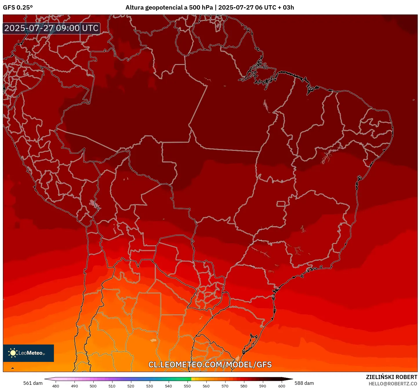 GFS model - Brasil, Altura geopotencial a 500 hPa GFS model - Brasil, Altura geopotencial a 500 hPa