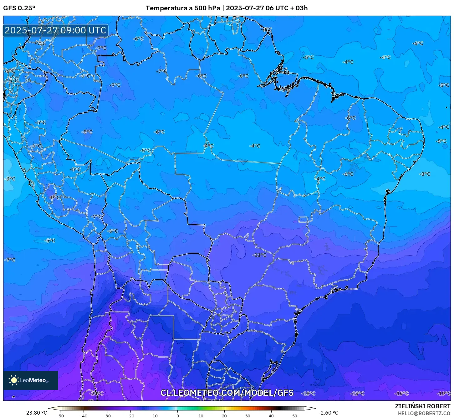 GFS model - Brasil, Temperatura a 500 hPa GFS model - Brasil, Temperatura a 500 hPa