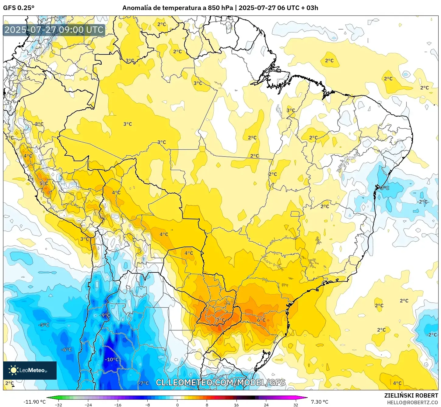 GFS model - Brasil, Anomalía de temperatura a 850 hPa