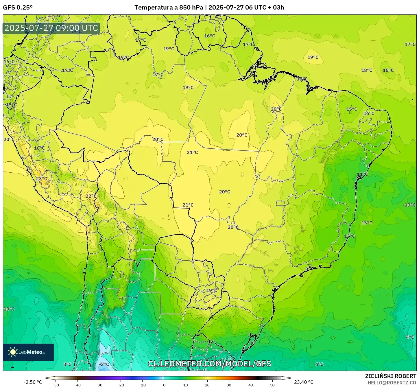 GFS model - Brasil, Temperatura a 850 hPa